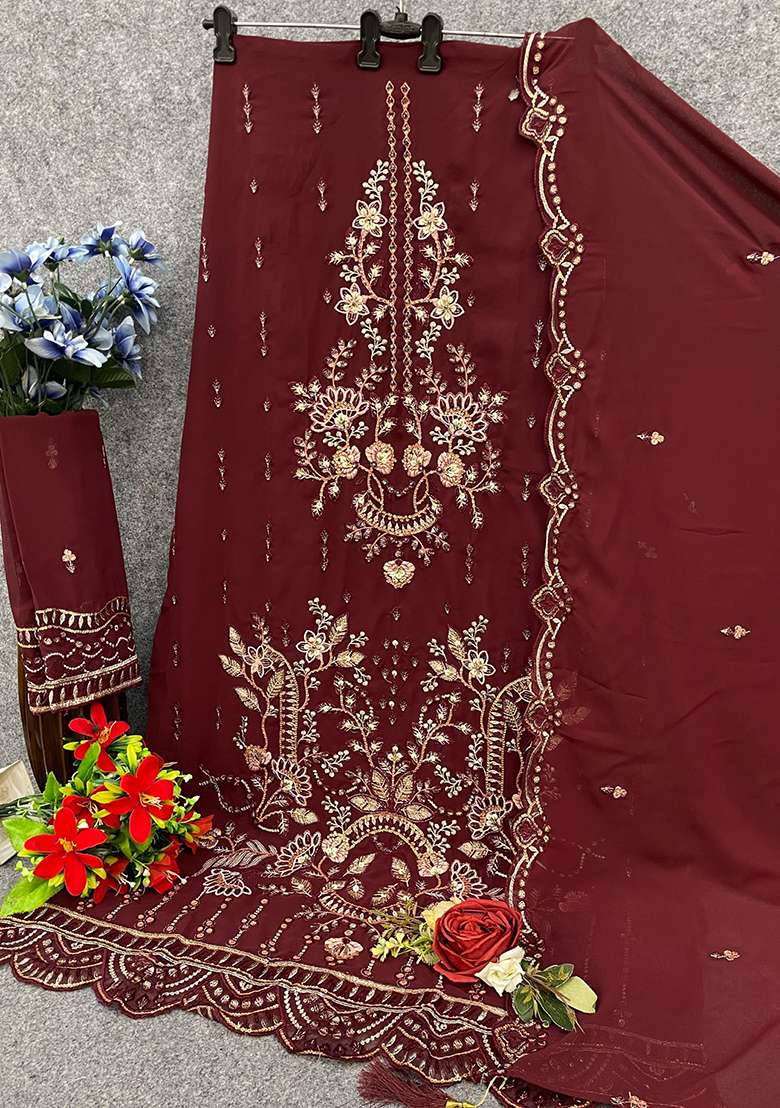 Maroon Embroidered Georgette Pakistani Suit Set - Indya