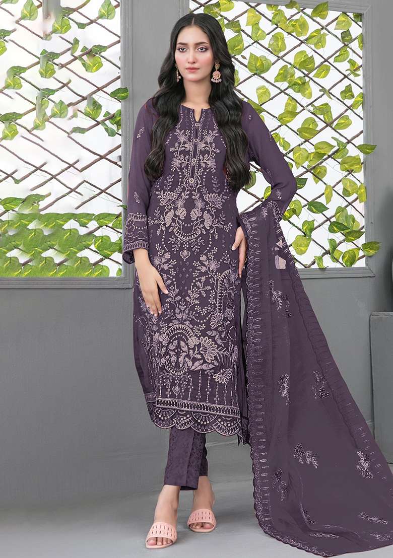 Dark Chikankari Georgette Pakistani Suit Set - Indya