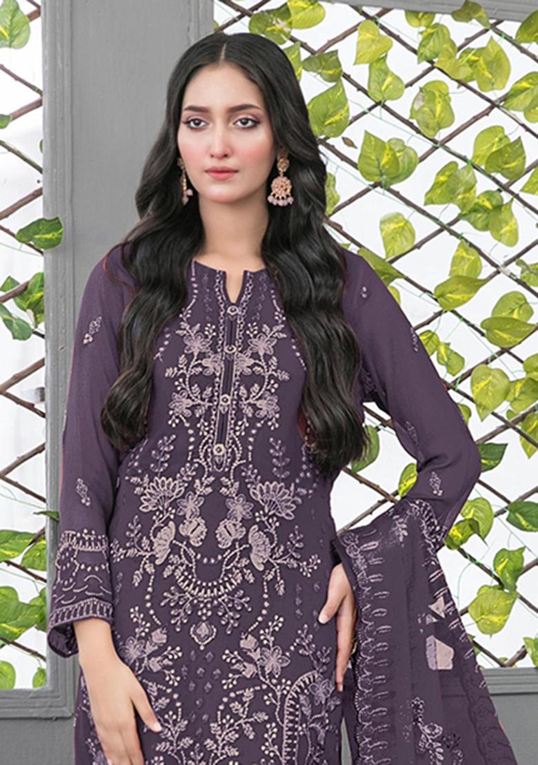 Dark Lavender Embroidery Georgette Salwar Kameez - Indya