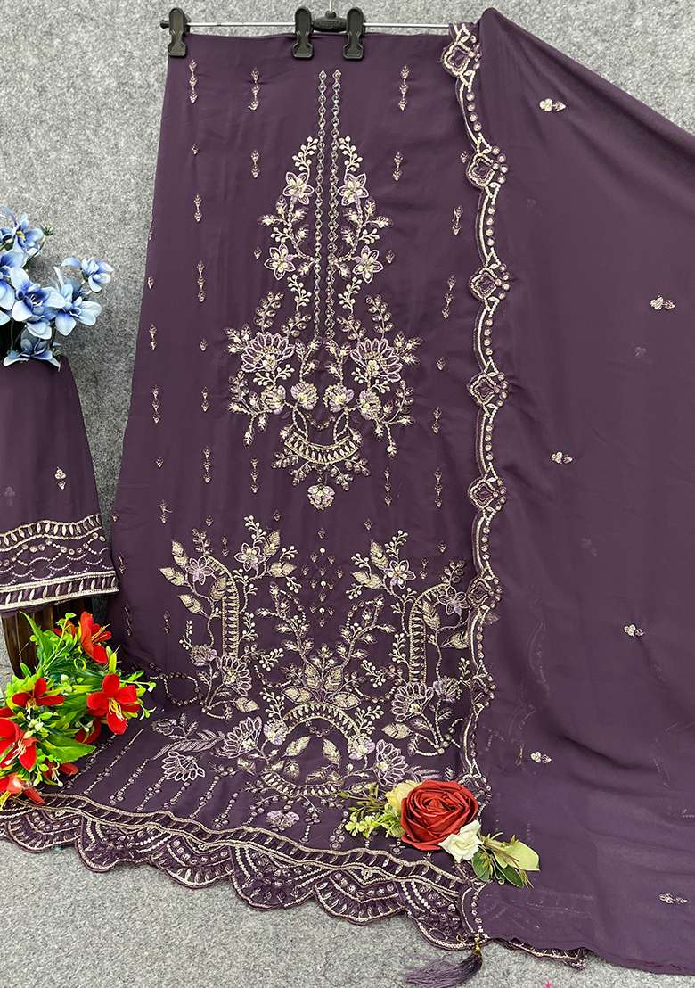 Dark Chikankari Georgette Pakistani Suit Set - Indya