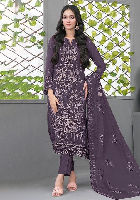 Dark Lavender Embroidery Georgette Salwar Kameez