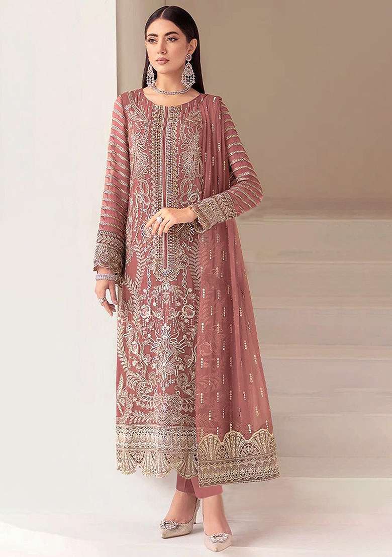 Brown Embroidered Georgette Pakistani Suit Set - Indya
