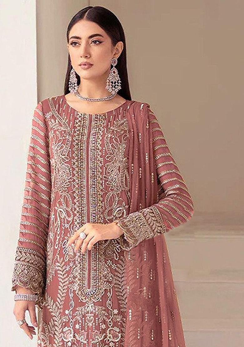 Brown Embroidery Georgette Salwar Kameez - Indya