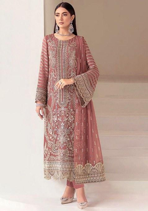Brown Embroidery Georgette Salwar Kameez