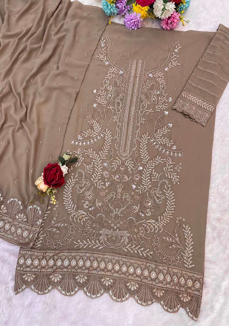 Chiku Embroidered Georgette Pakistani Suit Set - Indya