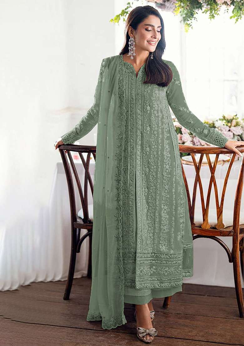 Teal Green Chikankari Georgette Pakistani Suit Set - Indya
