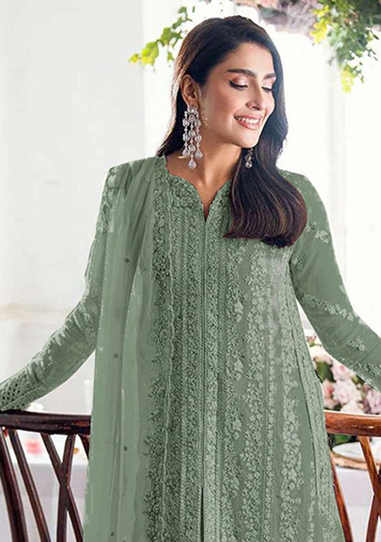 Teal Green Embroidery Georgette Salwar Kameez - Indya