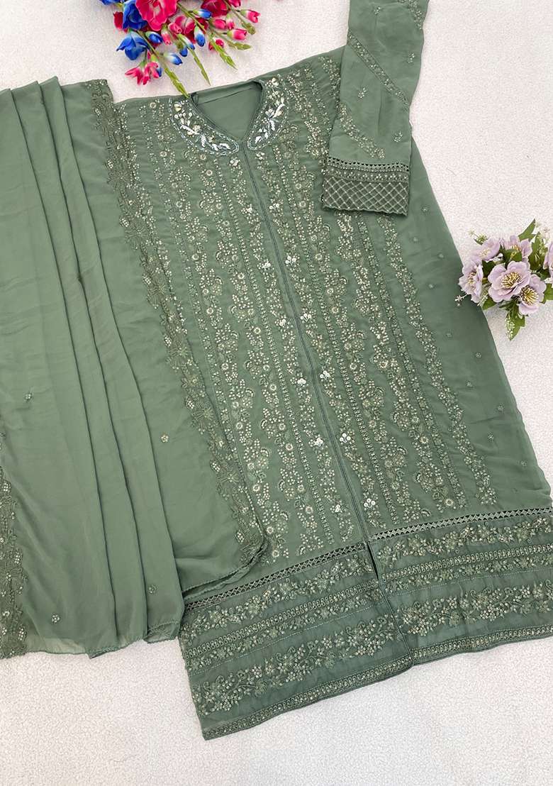 Teal Green Chikankari Georgette Pakistani Suit Set - Indya