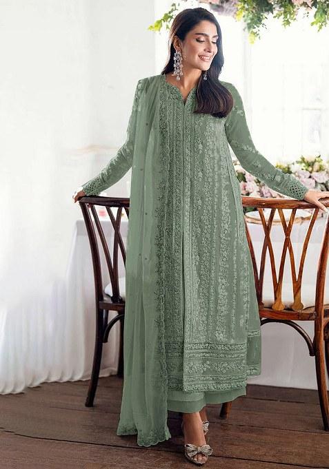 Teal Green Embroidery Georgette Salwar Kameez
