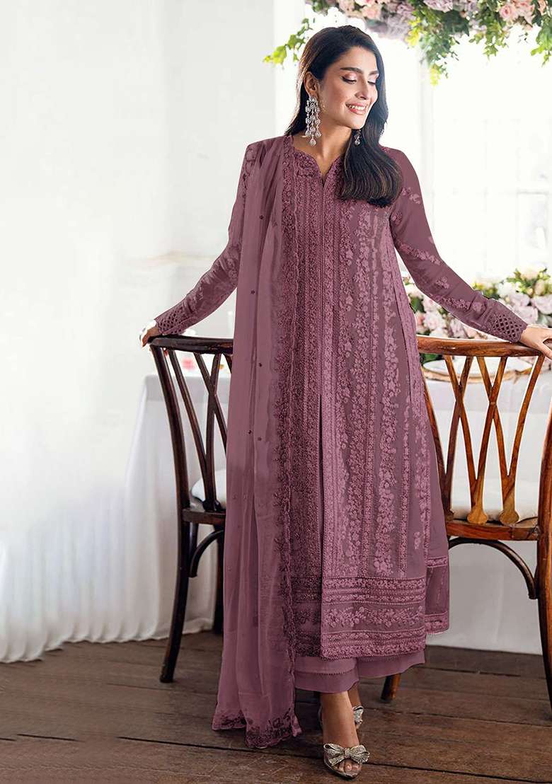 Purple Embroidered Georgette Pakistani Suit Set - Indya