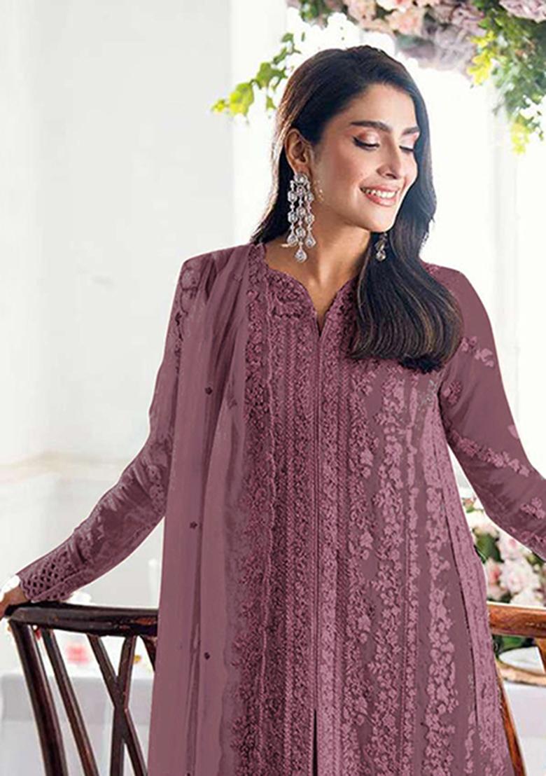 Purple Embroidery Georgette Salwar Kameez - Indya