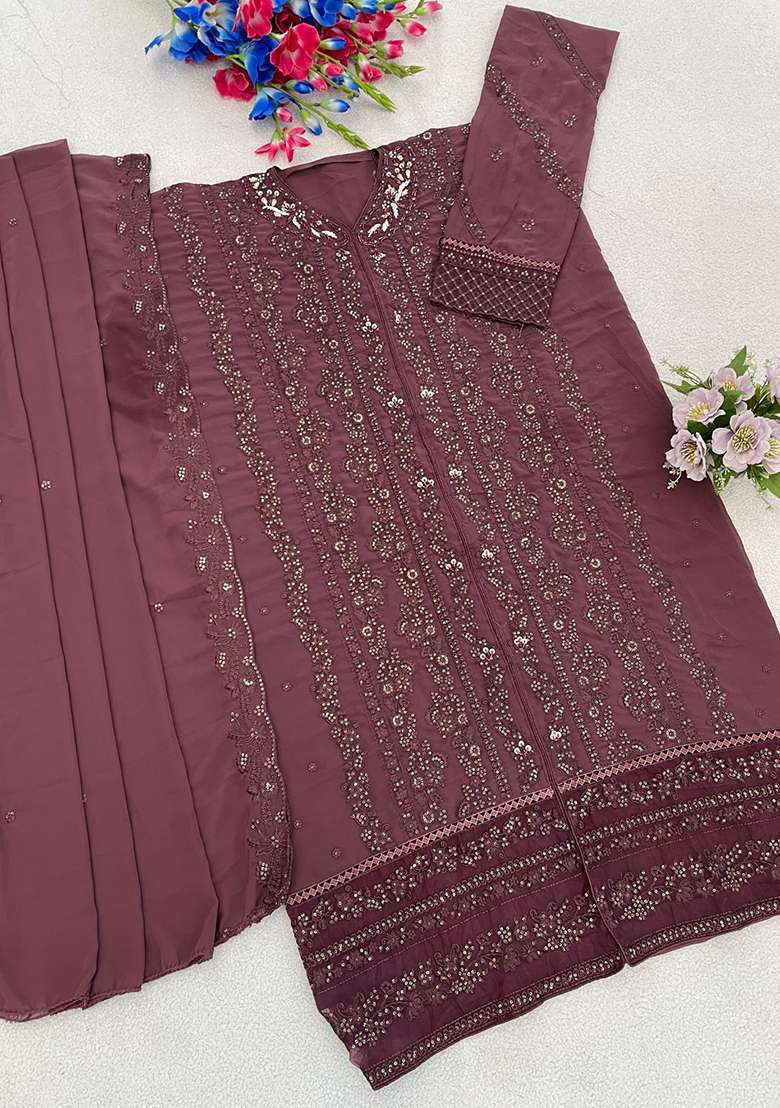 Purple Embroidered Georgette Pakistani Suit Set - Indya