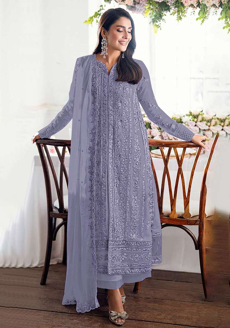 Lavender Embroidered Georgette Pakistani Suit Set - Indya