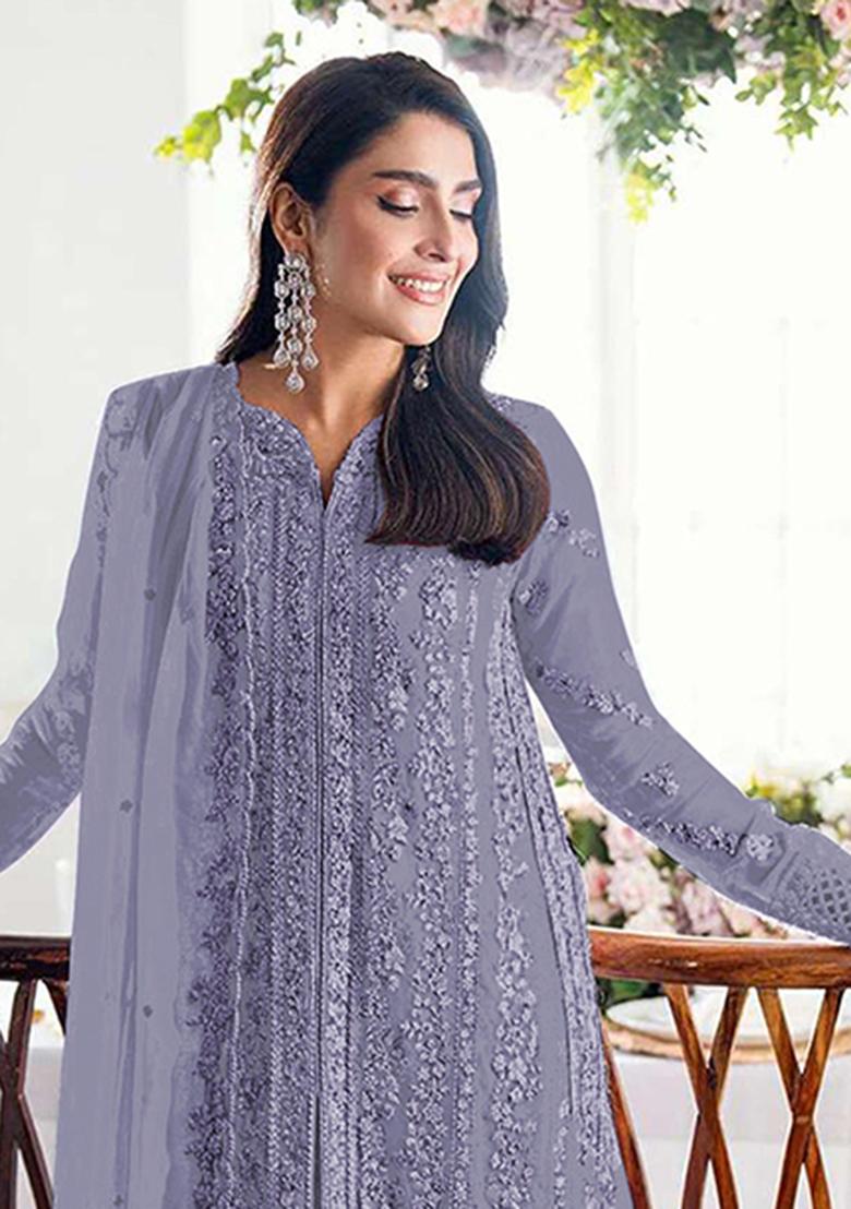 Lavender Embroidery Georgette Salwar Kameez - Indya