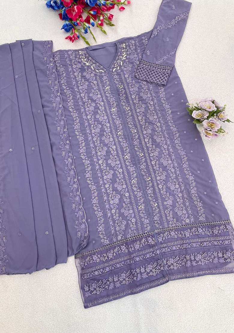 Lavender Embroidered Georgette Pakistani Suit Set - Indya