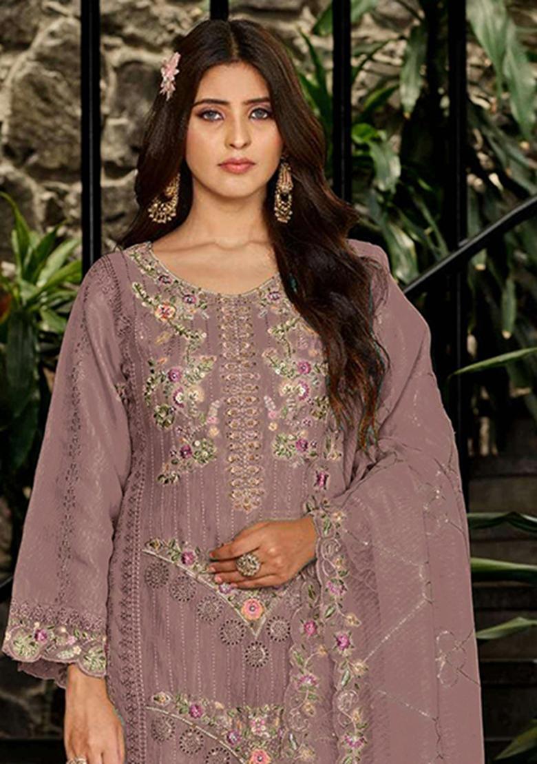 Peach Embroidery Georgette Salwar Kameez - Indya