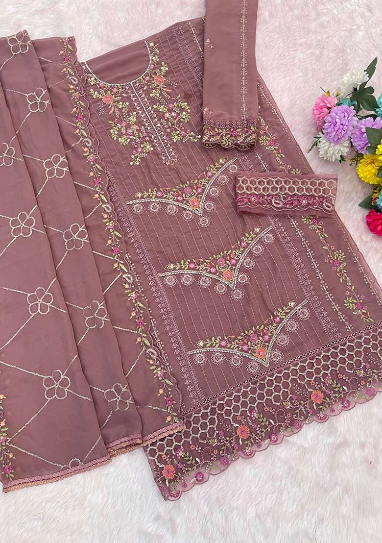 Peach Embroidered Georgette Pakistani Suit Set - Indya