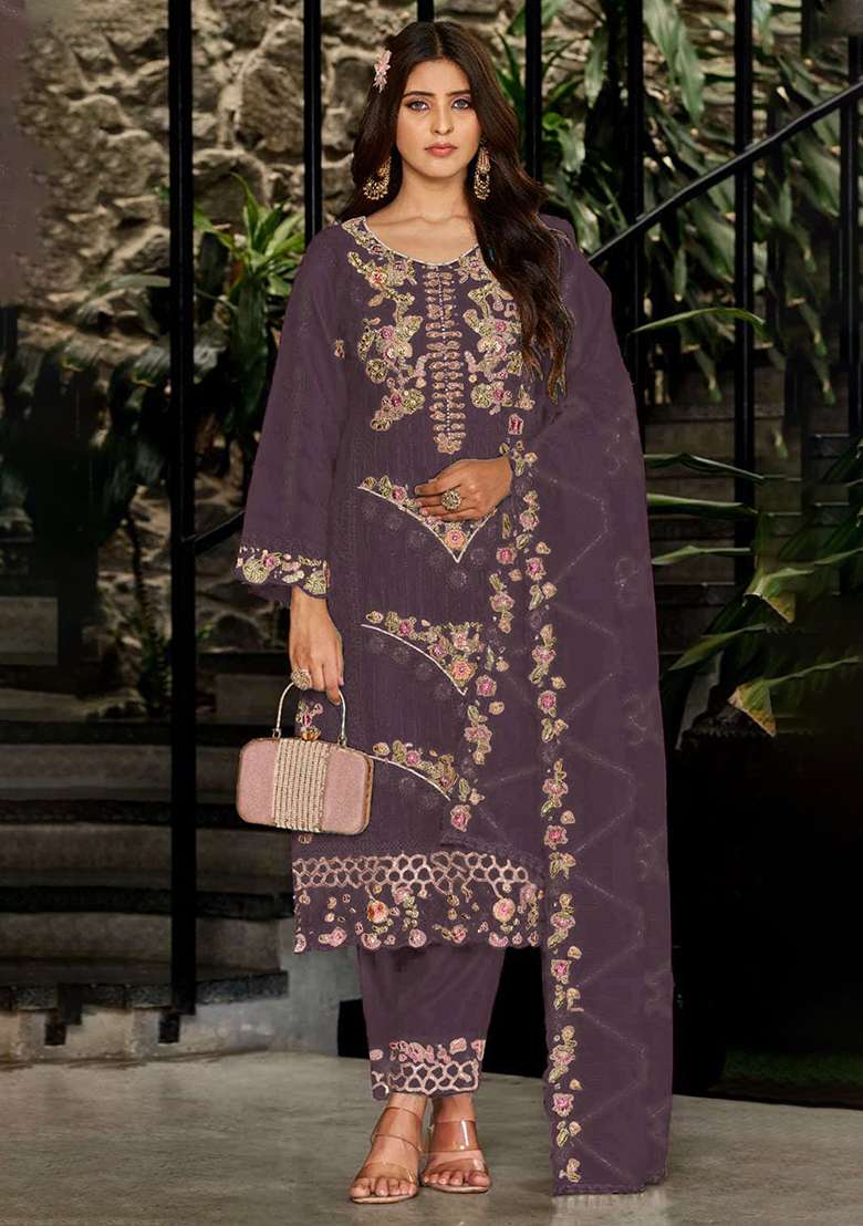 Purple Embroidered Georgette Pakistani Suit Set - Indya
