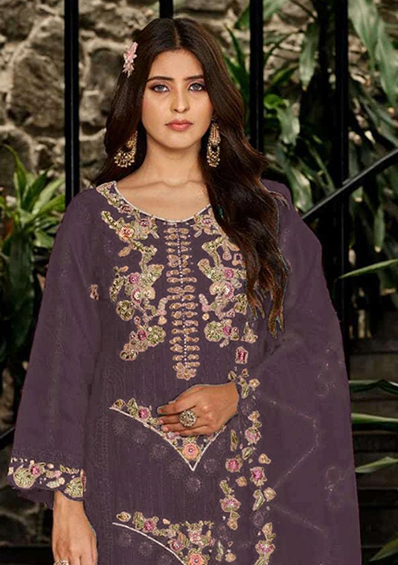 Purple Embroidery Georgette Salwar Kameez - Indya