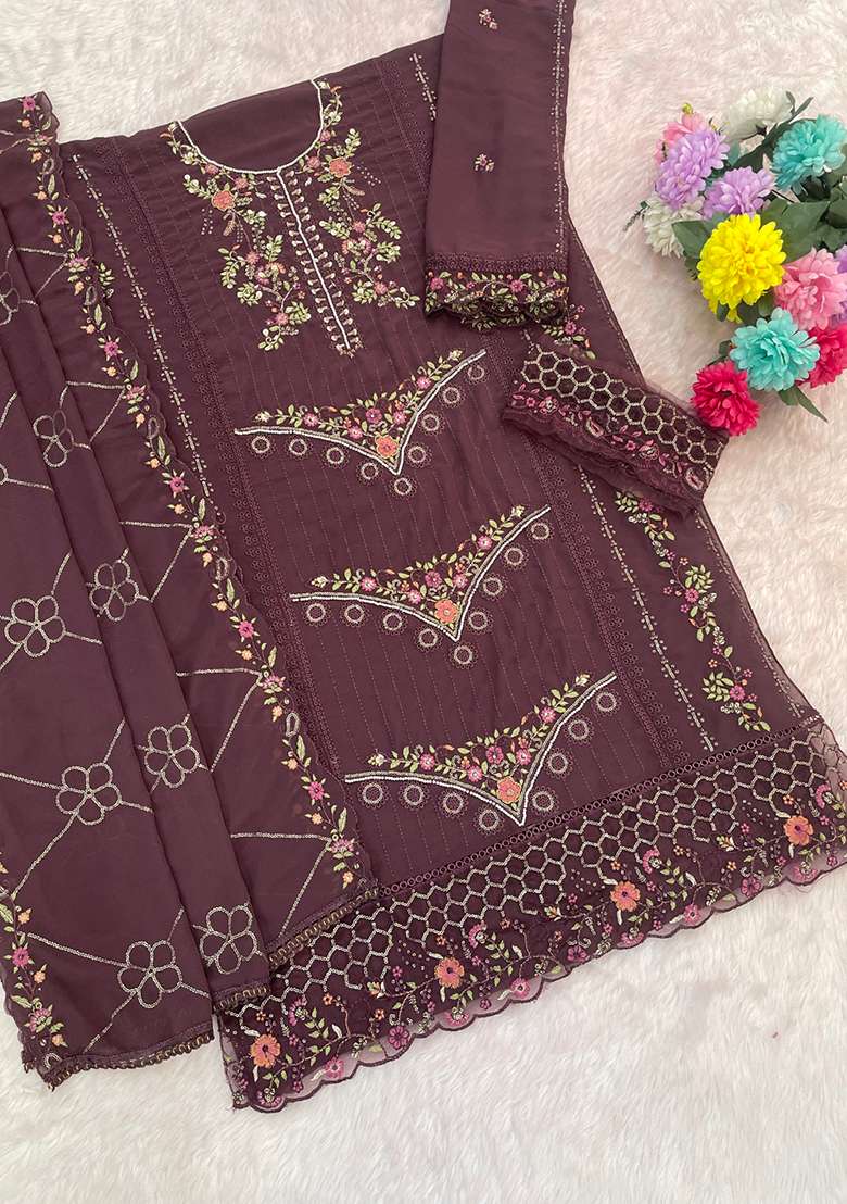 Purple Embroidered Georgette Pakistani Suit Set - Indya