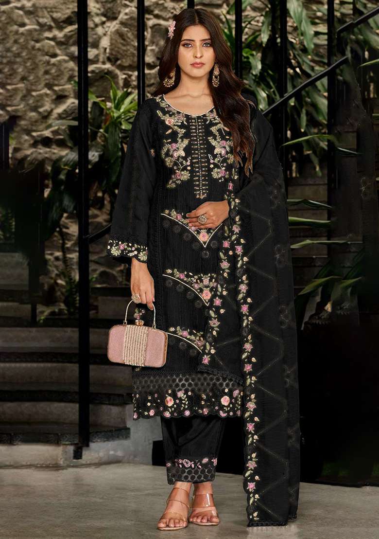Black Embroidered Georgette Pakistani Suit Set - Indya