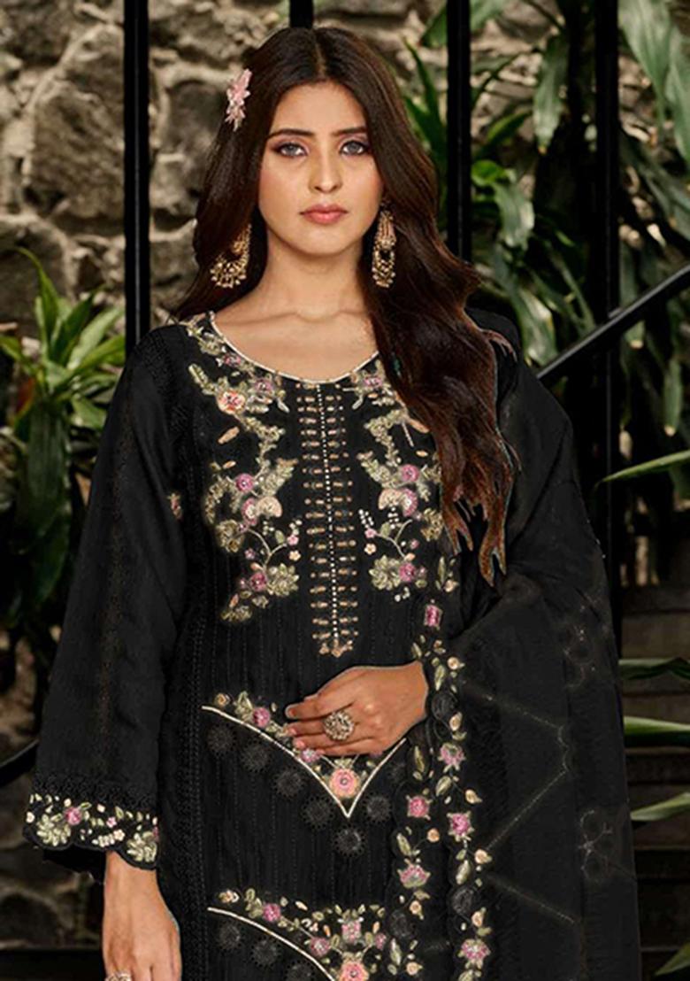 Black Embroidery Georgette Salwar Kameez - Indya