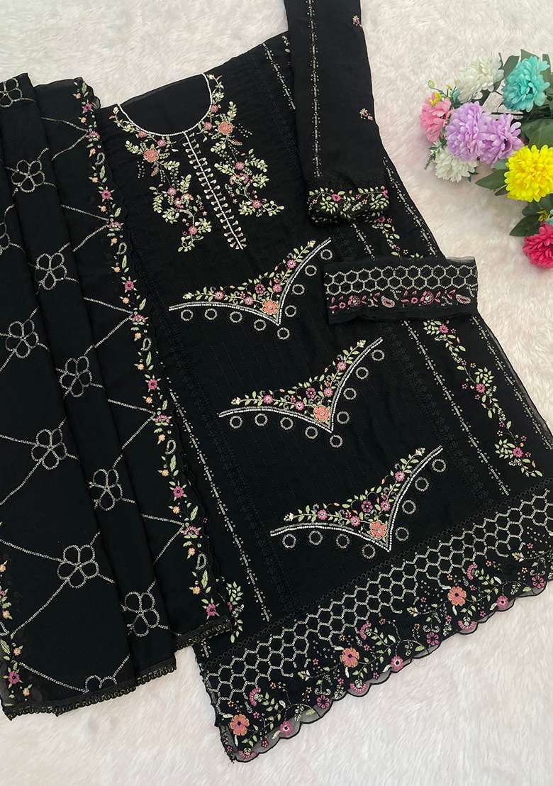 Black Embroidered Georgette Pakistani Suit Set - Indya
