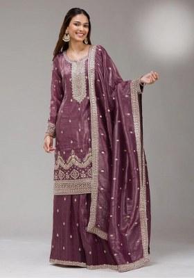 Purple Embroidery Silk Salwar Kameez
