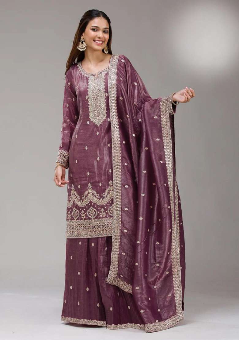 Purple Embroidered Silk Blend Sharara Set - Indya