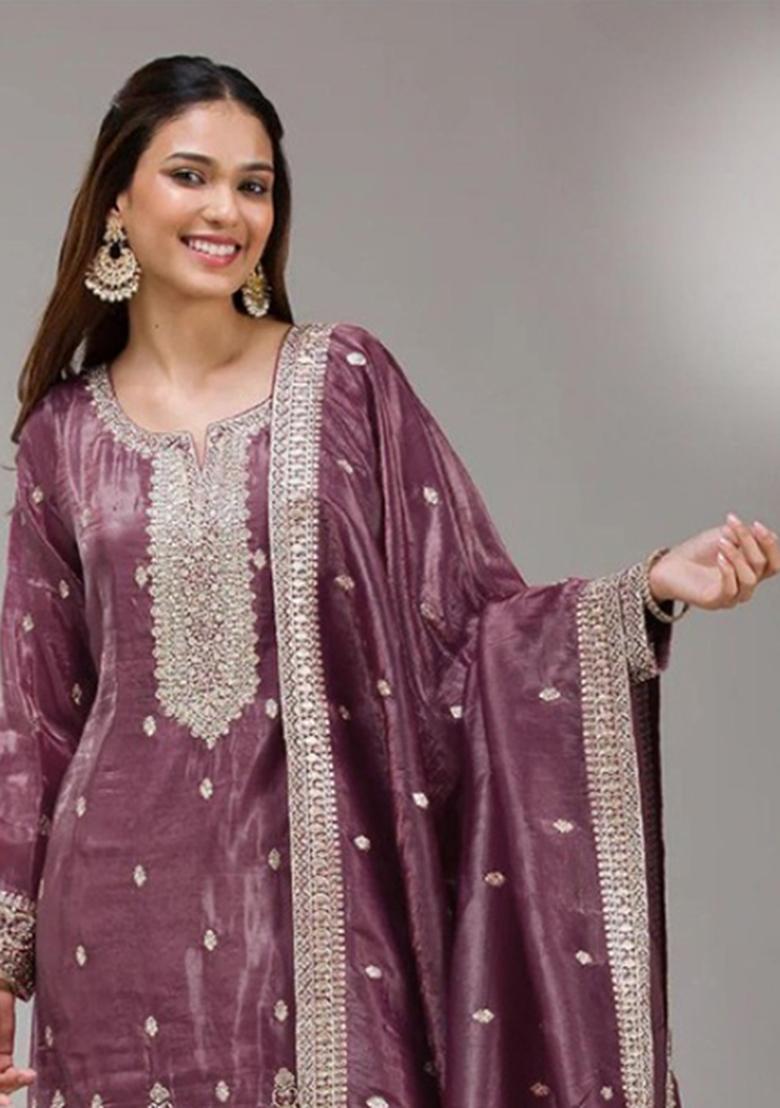 Purple Embroidery Silk Salwar Kameez - Indya