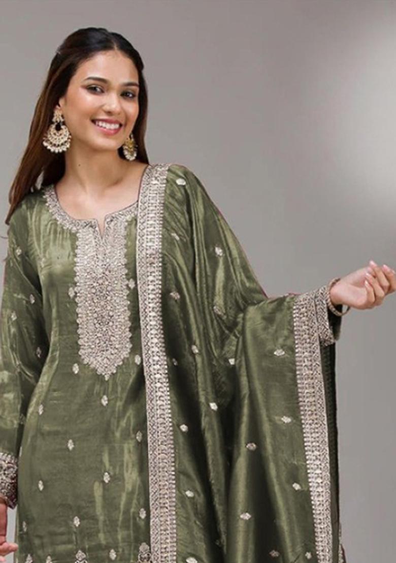 Green Embroidery Silk Salwar Kameez - Indya