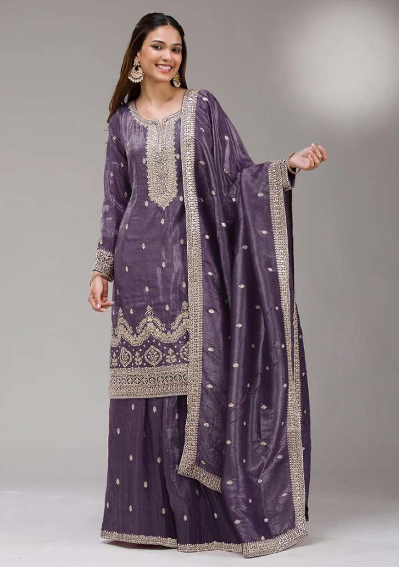 Dark Embroidered Silk Blend Sharara Set - Indya