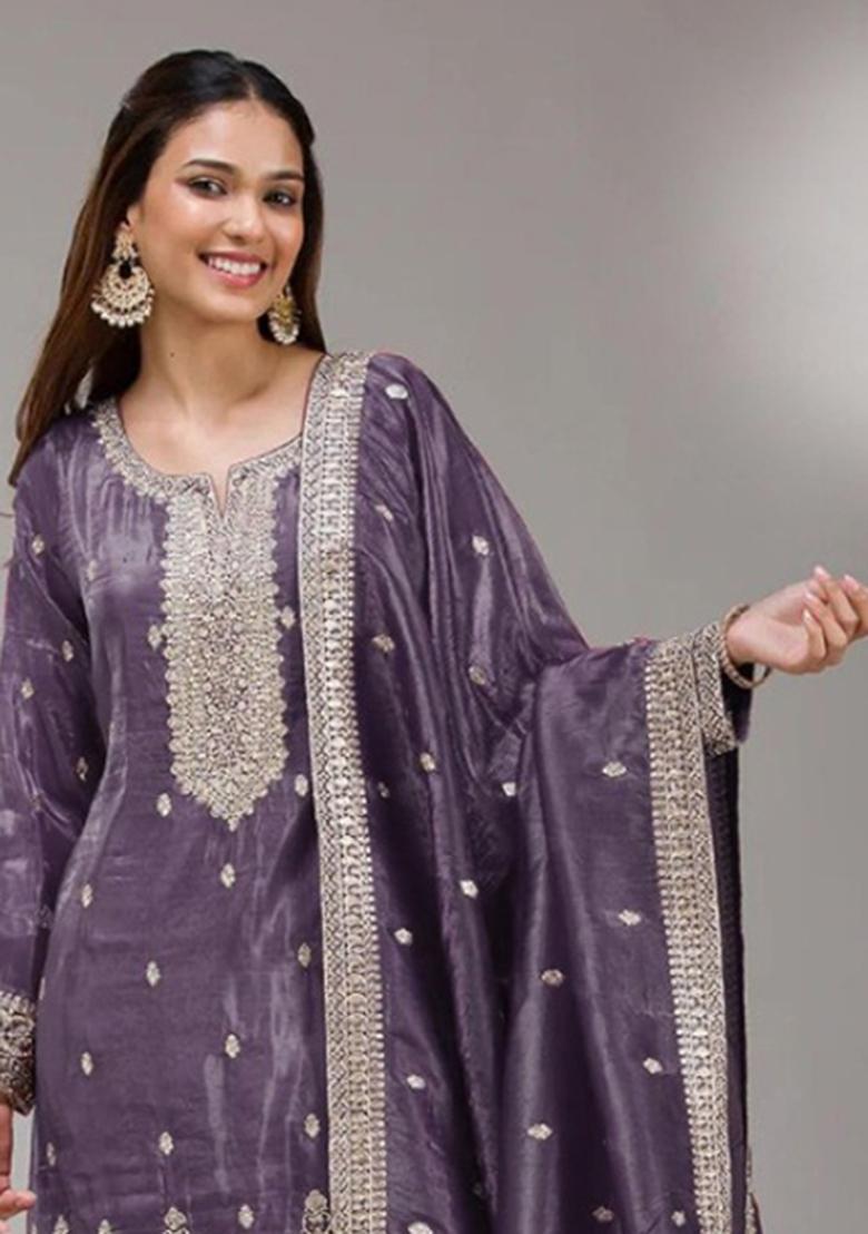 Dark Lavender Embroidery Silk Salwar Kameez - Indya