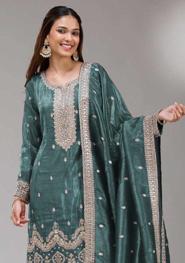 Blue Embroidery Silk Salwar Kameez - Indya