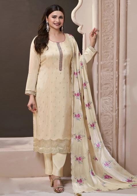 Cream Embroidery Silk Suit Set