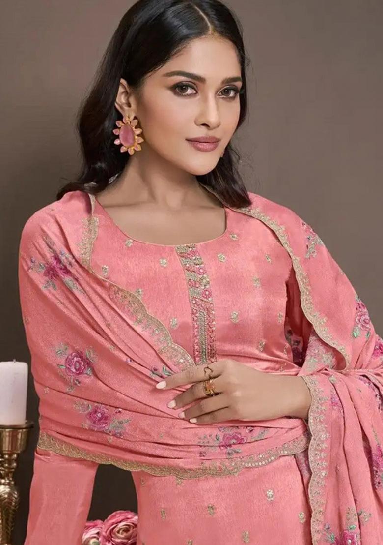 Peach Embroidery Silk Suit Set - Indya