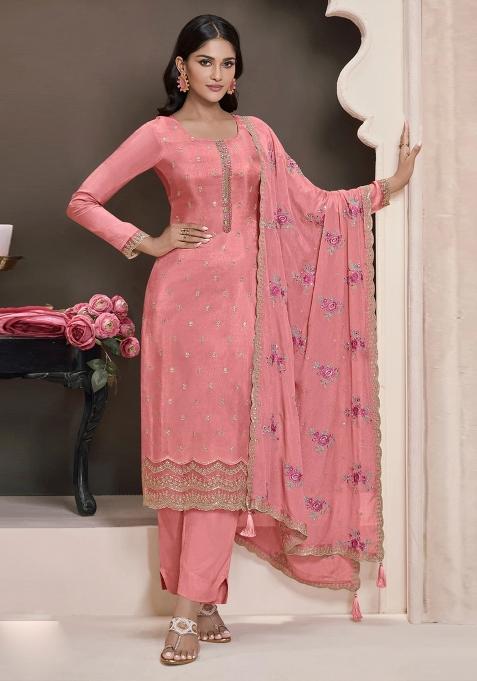 Peach Embroidery Silk Suit Set