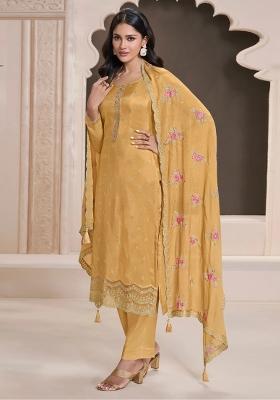 Yellow Embroidery Silk Suit Set