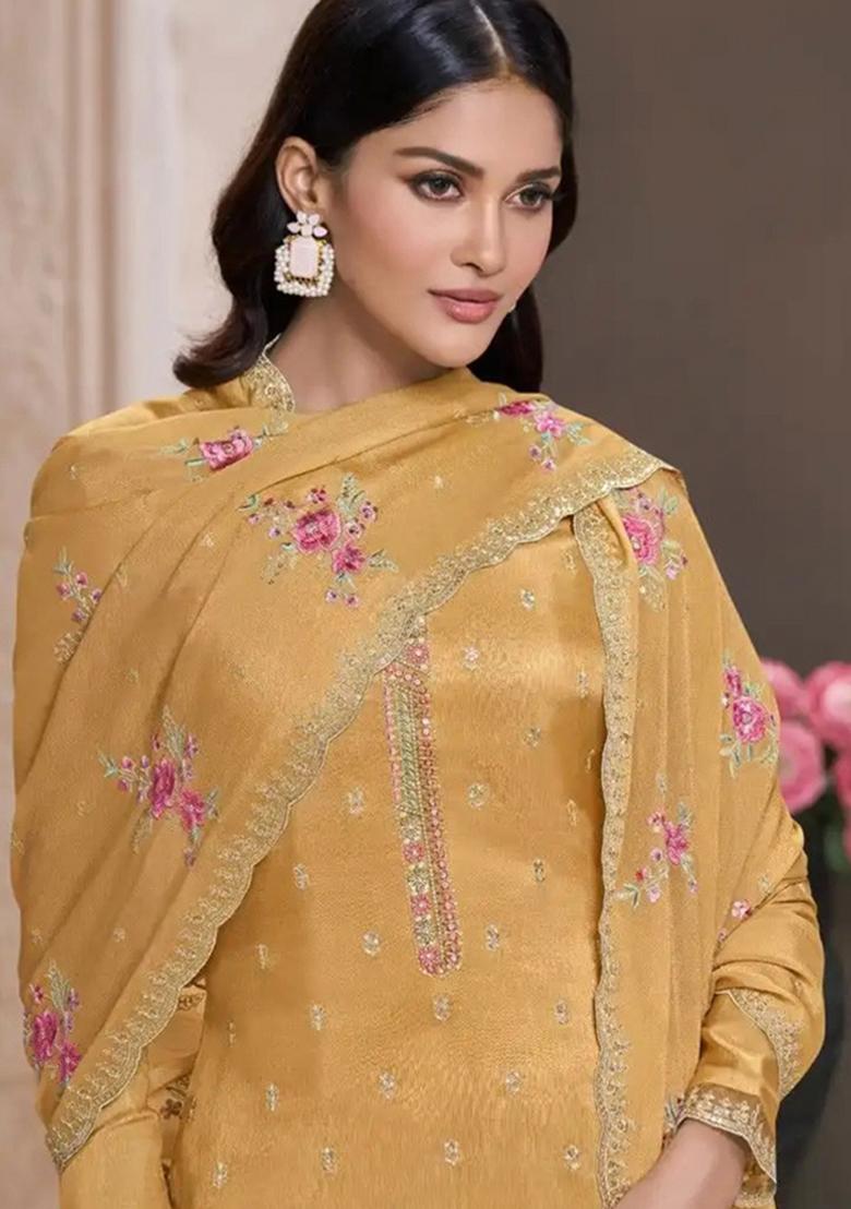Yellow Embroidery Silk Suit Set - Indya