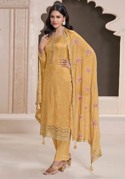 Yellow Embroidery Silk Suit Set