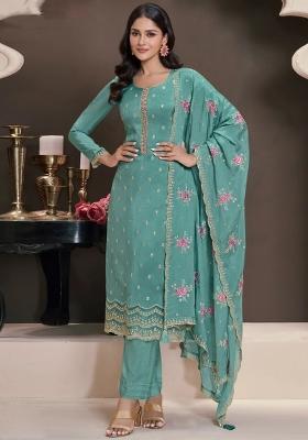 Turquoise Embroidery Silk Suit Set