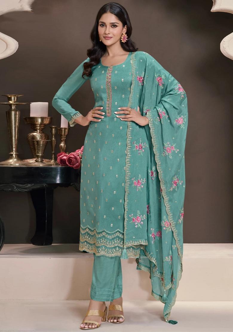 Turquoise Embroidery Silk Suit Set - Indya