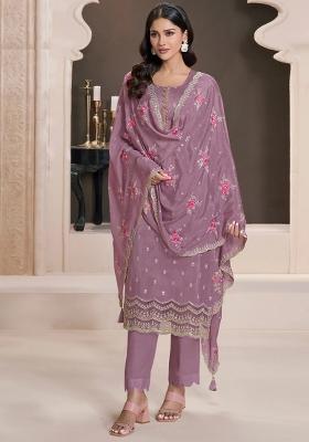 Onion Pink Embroidery Silk Suit Set