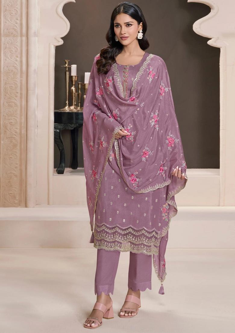 Onion Pink Embroidery Silk Suit Set - Indya