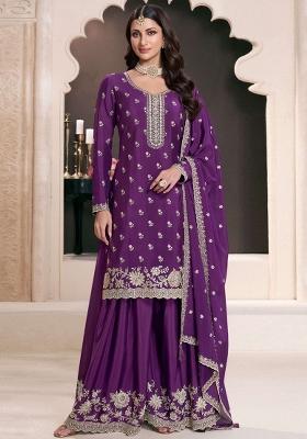 Violet Embroidery Silk Suit Set