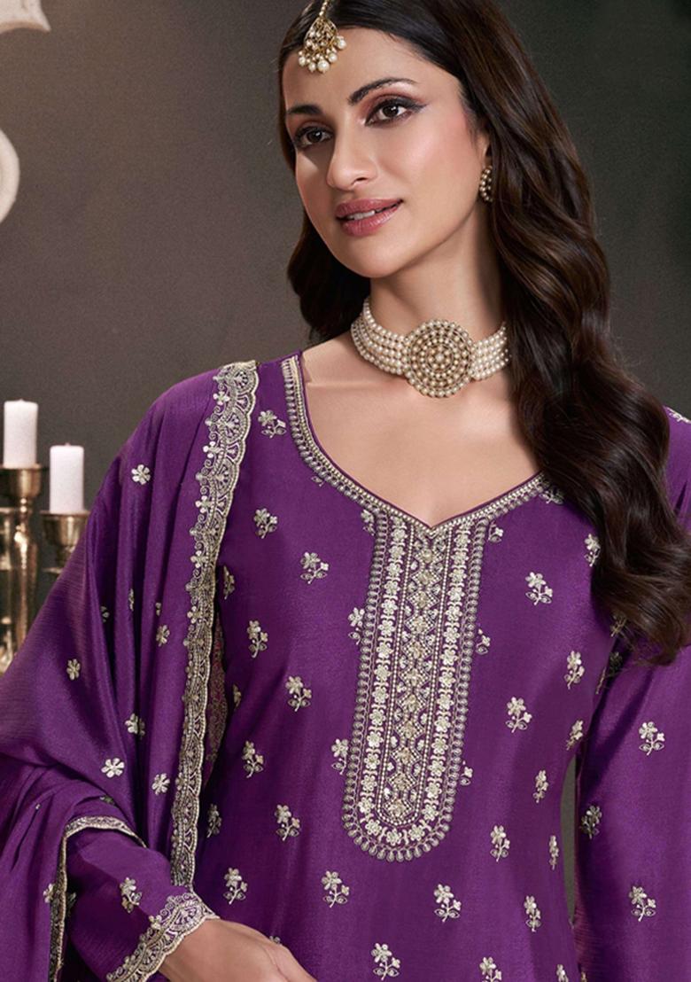 Violet Embroidery Silk Suit Set - Indya