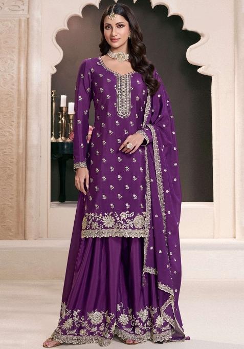 Violet Embroidery Silk Suit Set