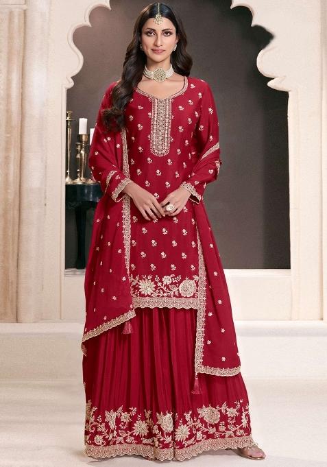 Red Embroidery Silk Suit Set