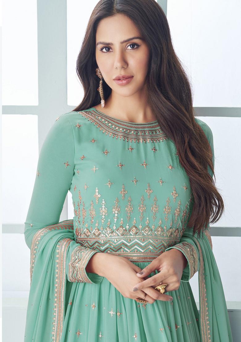 Sky Blue Embroidery Georgette Suit Set - Indya