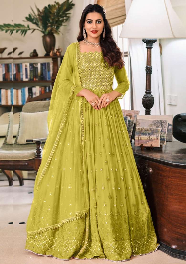 Green Embroidered Georgette Anarkali Set - Indya